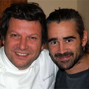 Giancarlo Polito con Colin Farrel vip ospite della Locanda del Capitano ristorante hotel a Montone, Umbria
