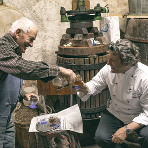 wine cellars in Umbria. Giancarlo Polito chef of La Locanda del Capitano restaurant in Montone, birthplace of Braccio Fortebraccio