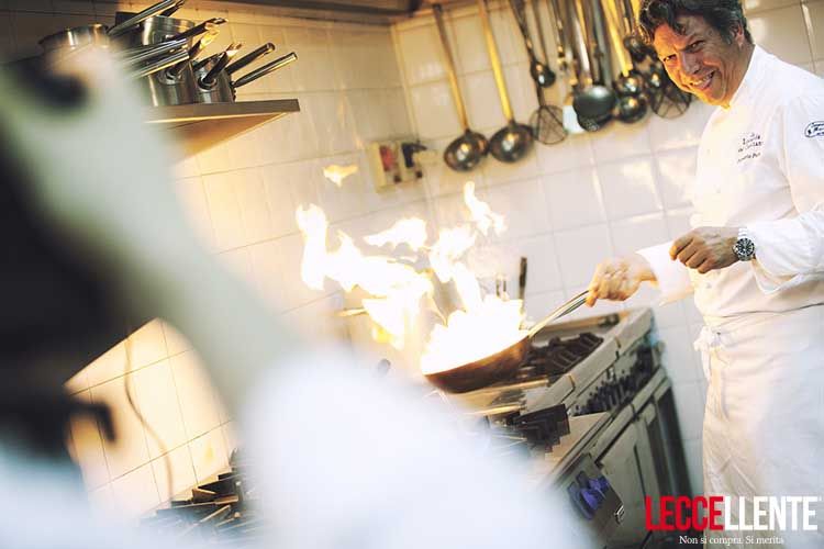 The chef Giancarlo Polito in the kitchen of the Gourmet Hotel La Locanda del Capitano - Montone, Umbria Italy