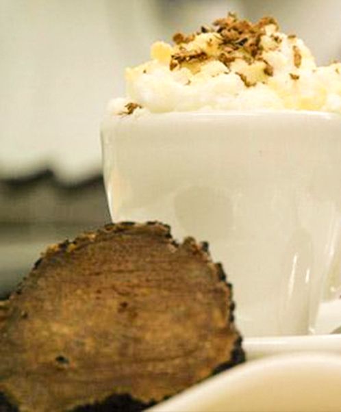 Chef Giancarlo Polito: the cappuccino cup with truffles recipe. La Locanda del Capitano Restaurant, Montone, Umbria, Italy